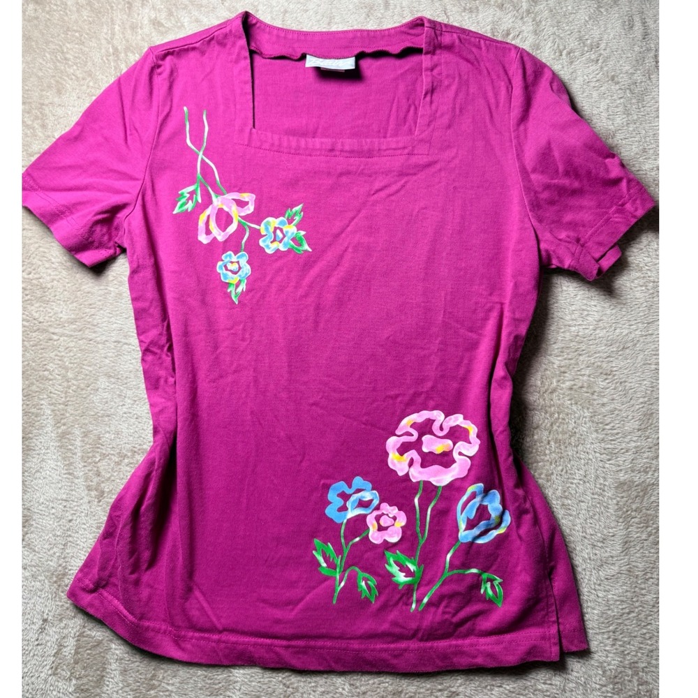Blair Women Magenta Pink Floral Square Neck Short Sleeve Top Size Small Summer